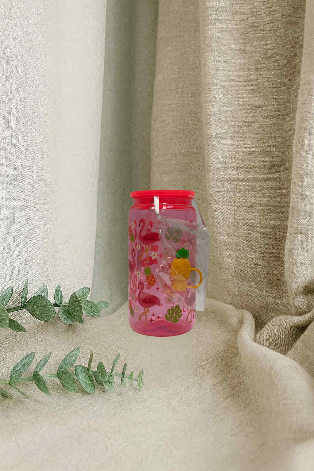 Verre en plastique et embout de paille- ananas et Flamants