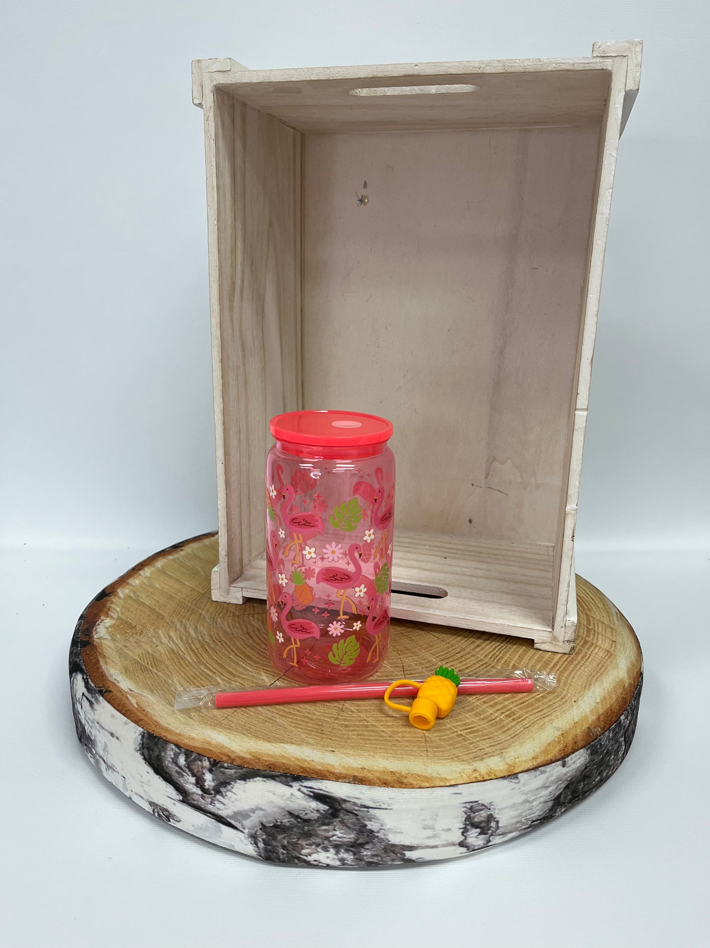 Verre de plastique et embout de paille - Flamant et ananas