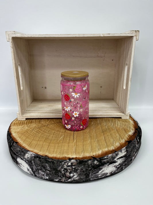 Verre en plastique à paillettes- Fraises et marguerites