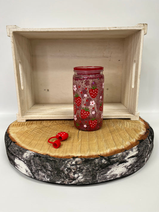 Verre en plastique à paillettes- Fraises et embout paille