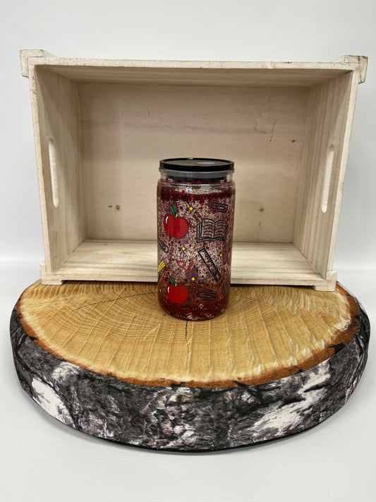 Verre en plastique à paillettes- Pomme et crayon