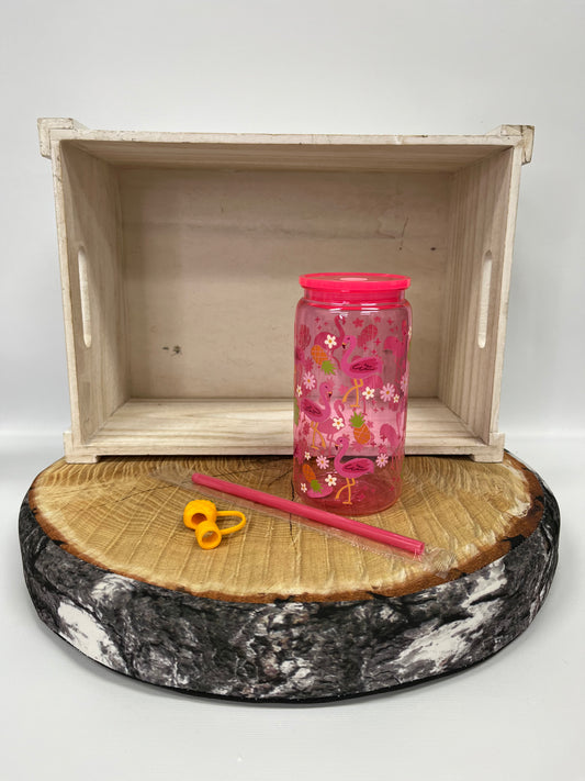 Verre en plastique et embout de paille- ananas et Flamants
