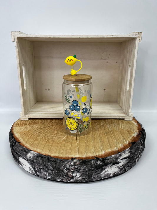 Verre en vitre et embout de paille- citron et bleuet